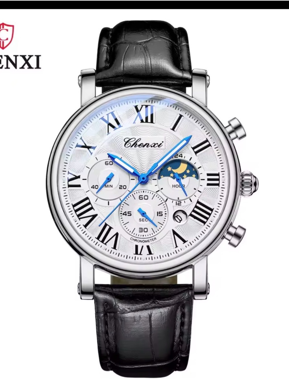 & Other Stories Silver Case Watch with Black Leather Strap and Blue Hands